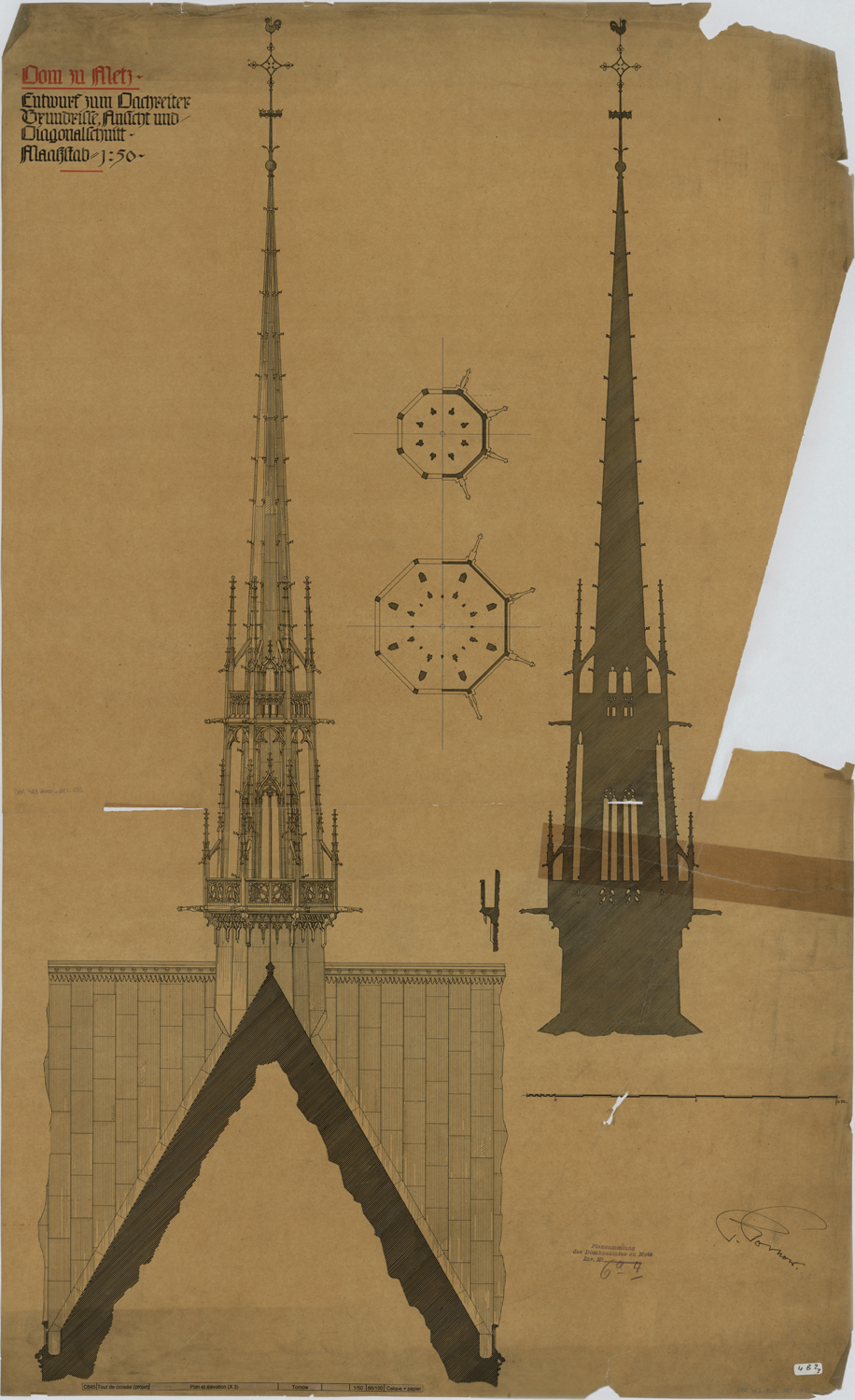 Projet de flèche à la croisée du transept, élévation, coupe et plans par niveau.