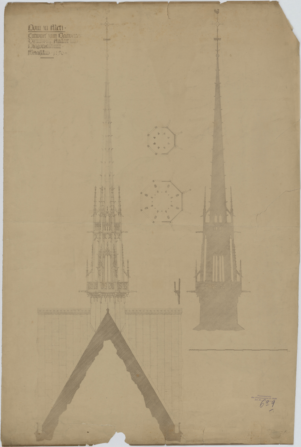 Projet de flèche à la croisée du transept, élévation, coupe et plans par niveau.