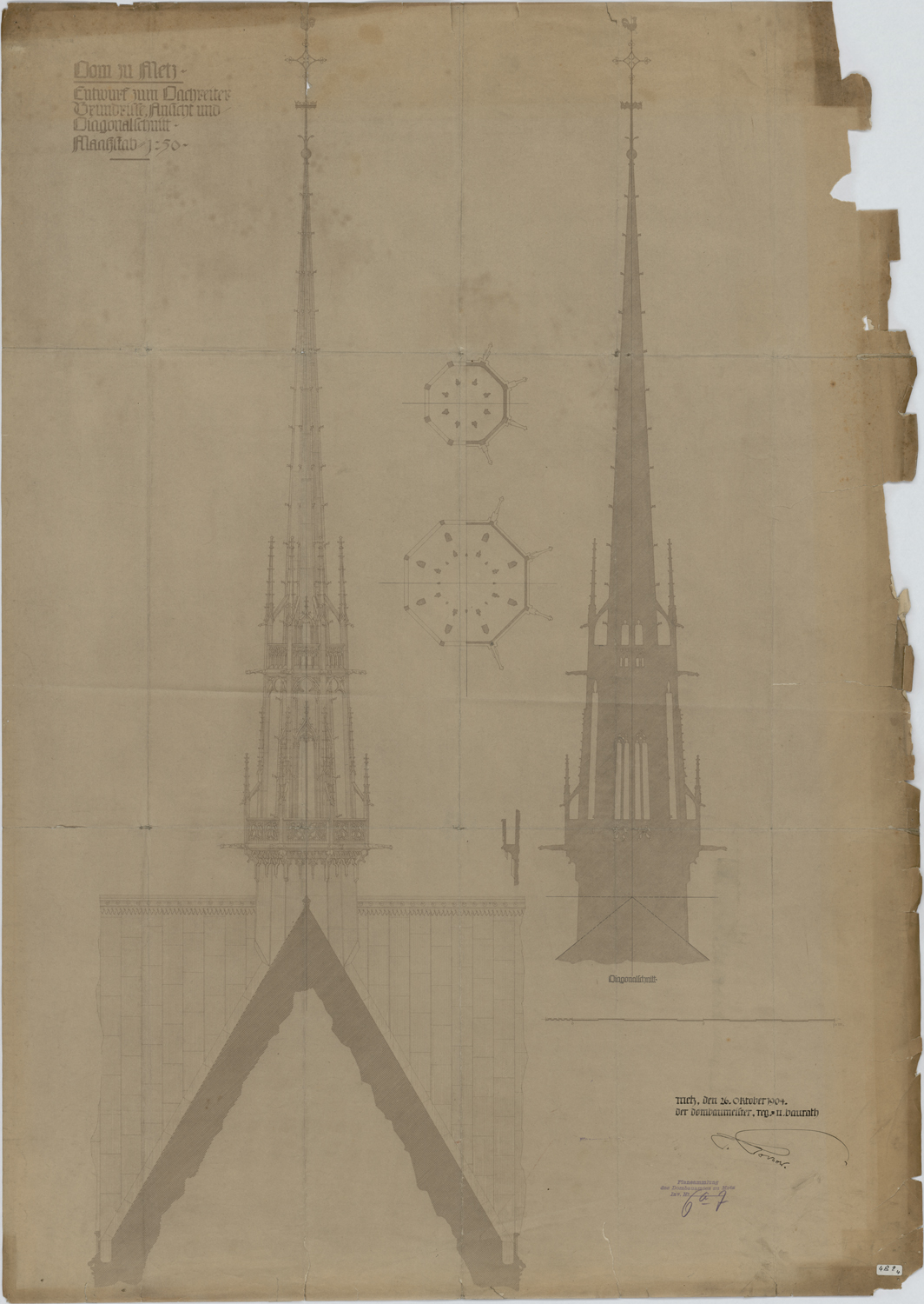 Projet de flèche à la croisée du transept, élévation, coupe et plans par niveau.