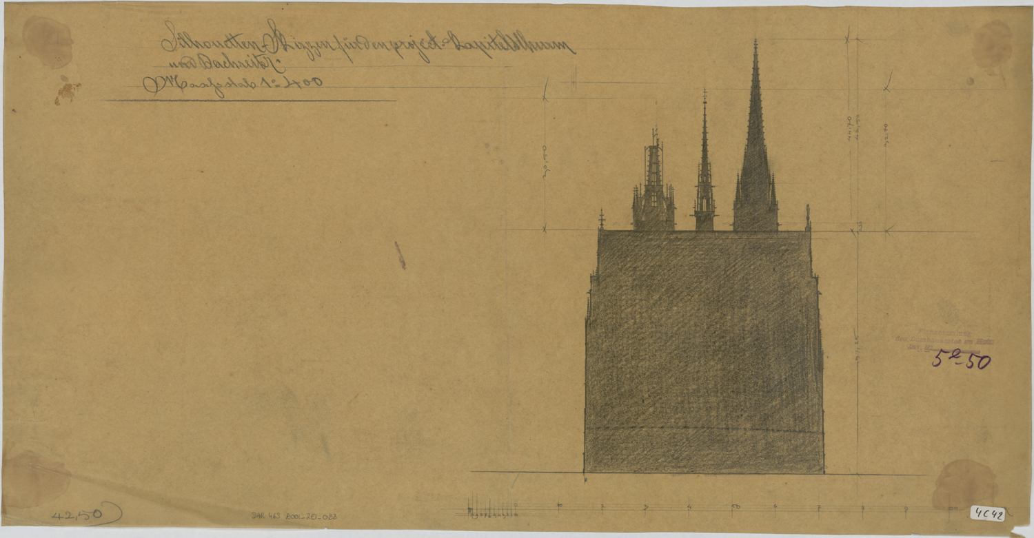 Projets de flèches à la croisée du transept et sur la tour du Chapitre, silhouette du côté est.