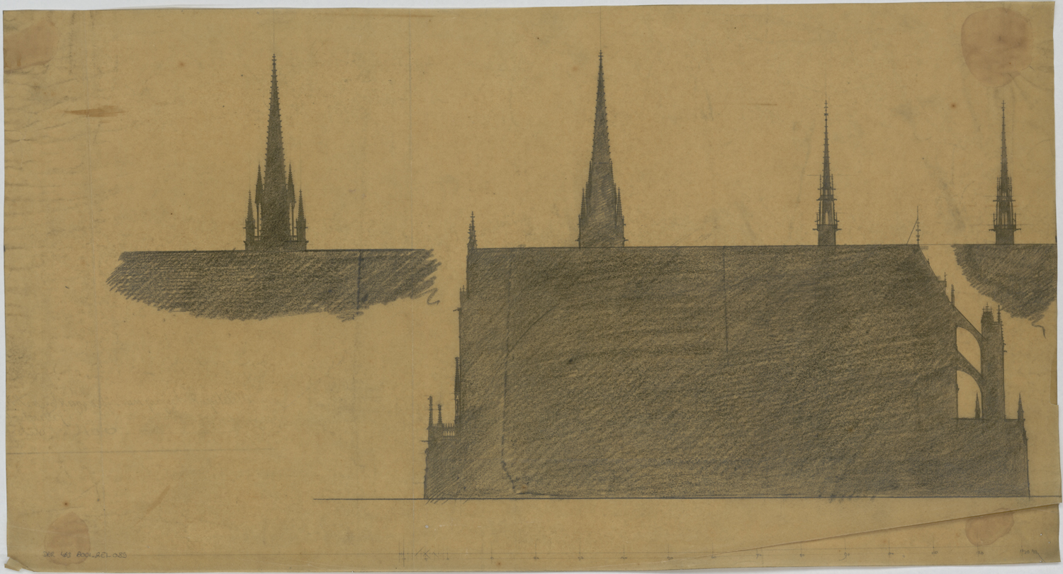 Projets de flèches à la croisée du transept et sur la tour du Chapitre, silhouettes.