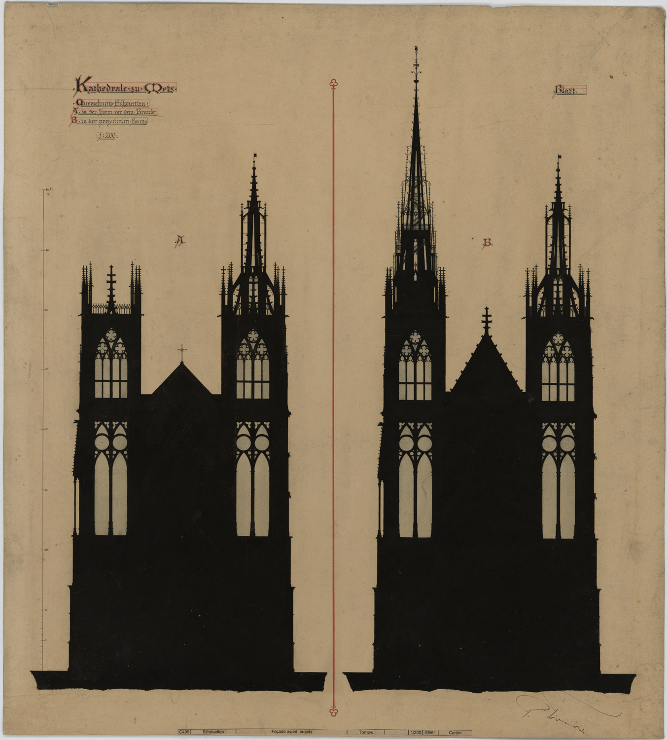 Projet de flèche sur la tour du Chapitre, silhouettes du côté ouest.