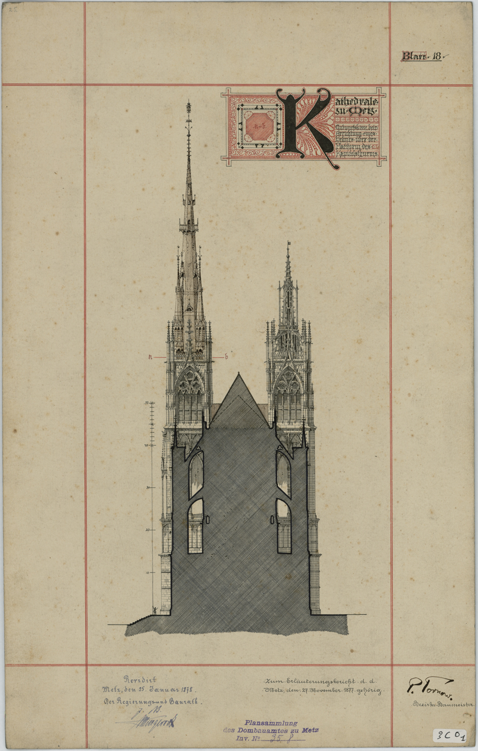 Projet de la flèche sur la tour du Chapitre, élévation du côté est.