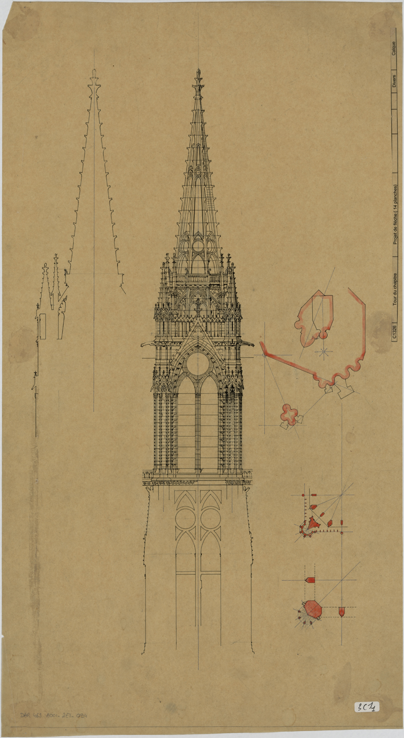 Projet de flèche sur la tour du Chapitre, élévation, silhouette et plan.