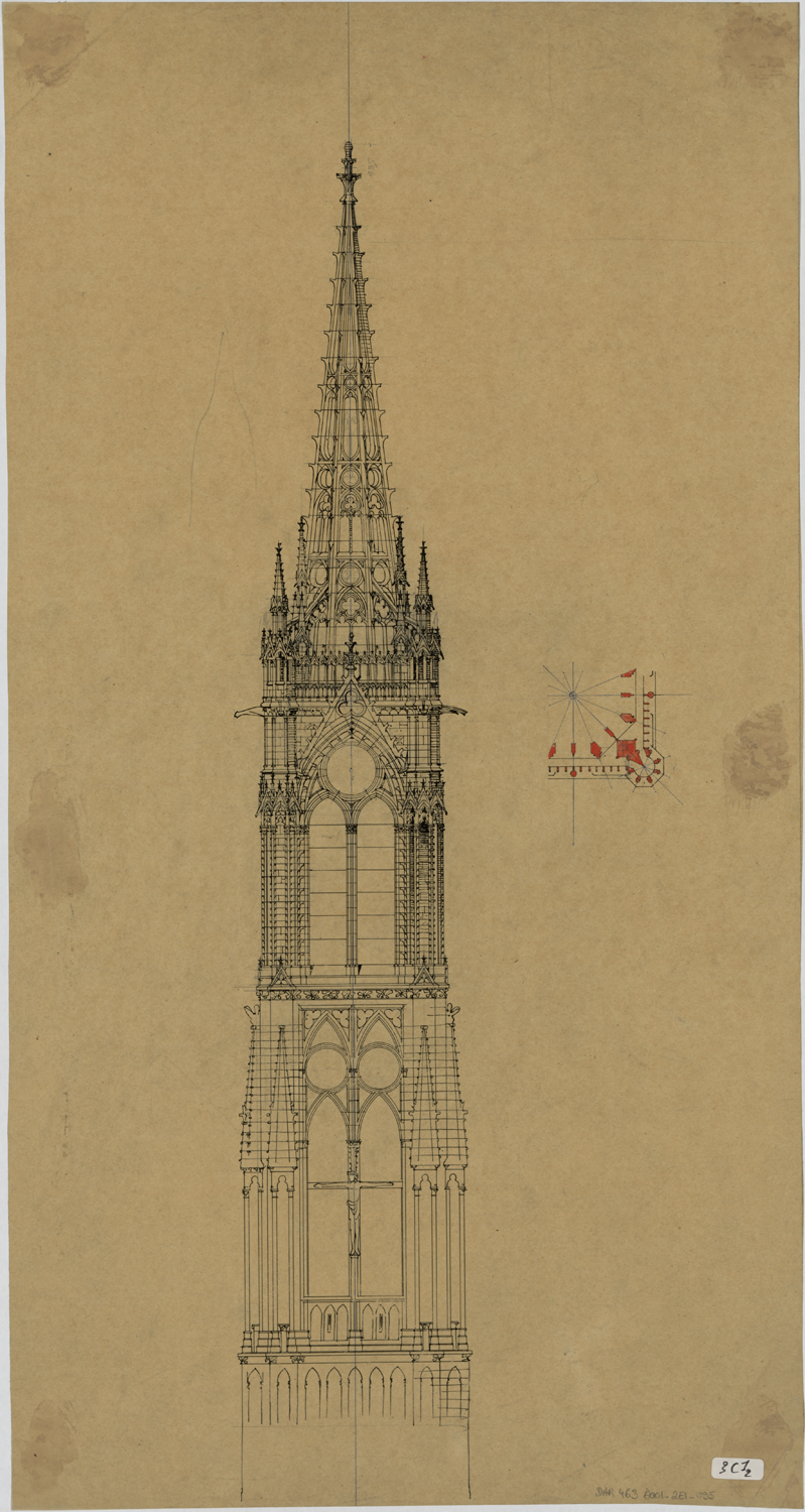 Projet de flèche sur la tour du Chapitre, élévation et plan.