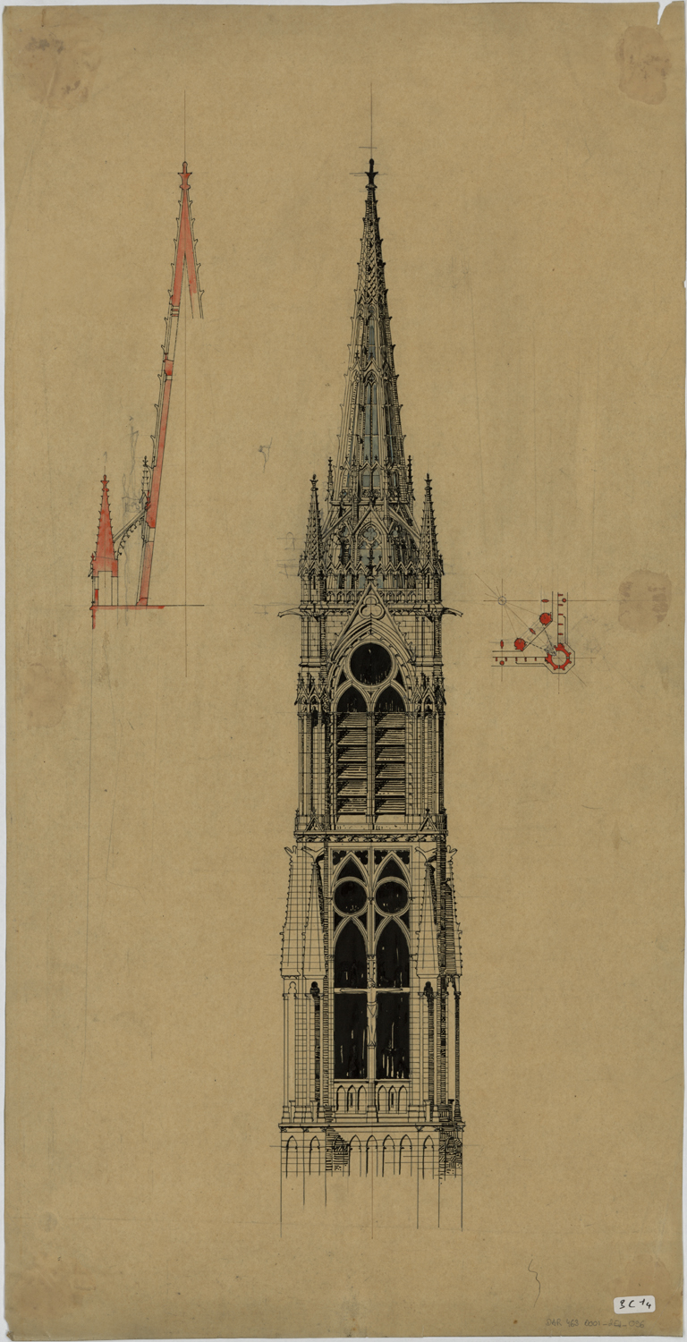 Projet de flèche sur la tour du Chapitre, élévation, coupe et plan.