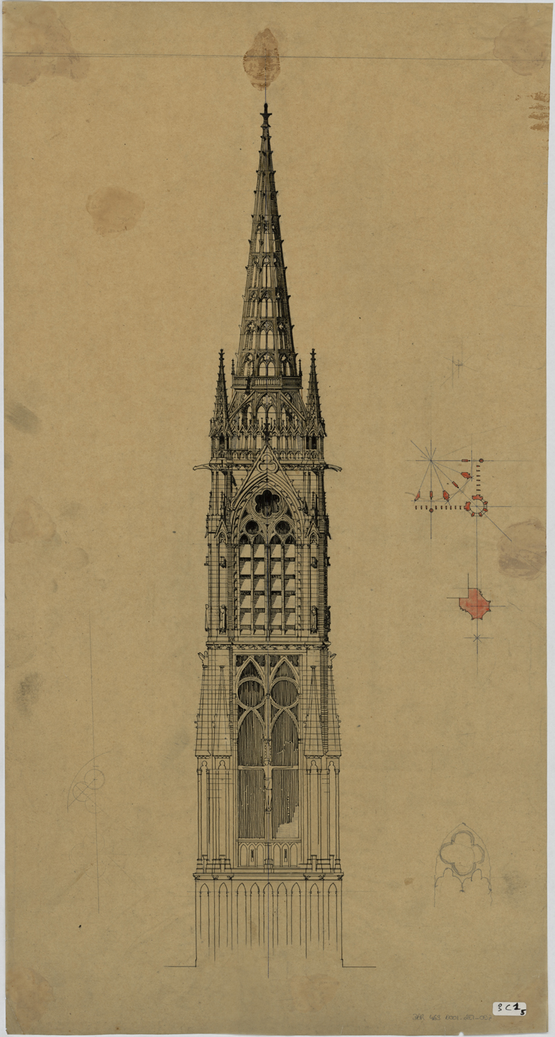 Projet de flèche sur la tour du Chapitre, élévation et plan.