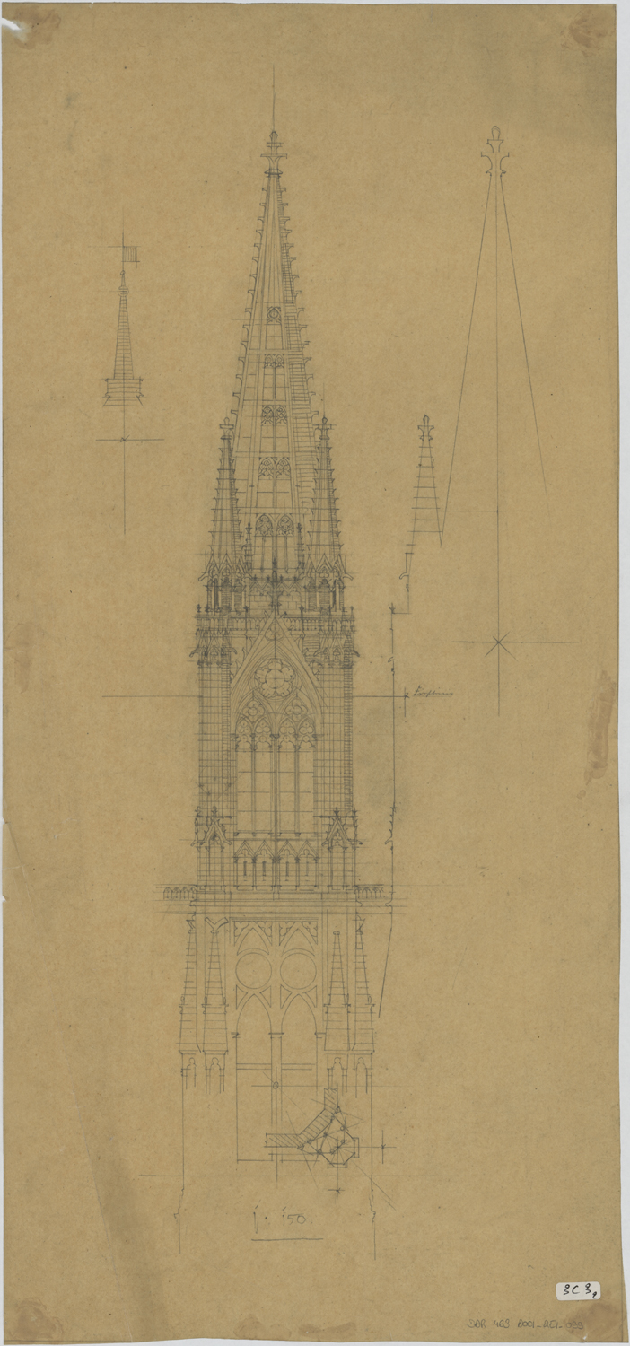 Projet de flèche sur la tour du Chapitre, élévation et silhouette.