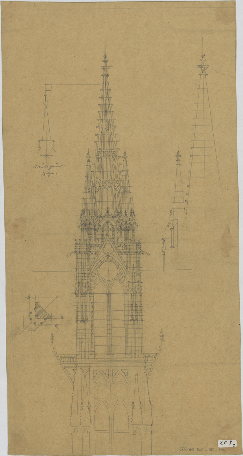 Projet de flèche sur la tour du Chapitre, élévation, silhouette et plan.