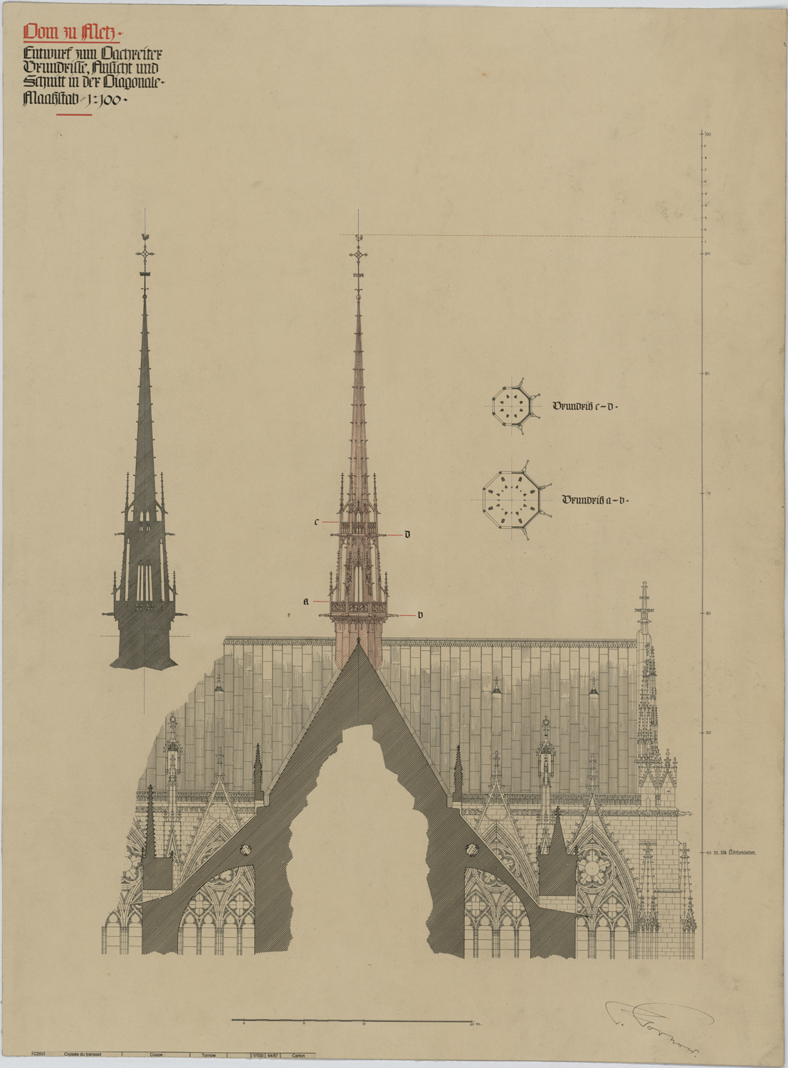 Projet de flèche à la croisée du transept, élévation, coupe et plans par niveau.