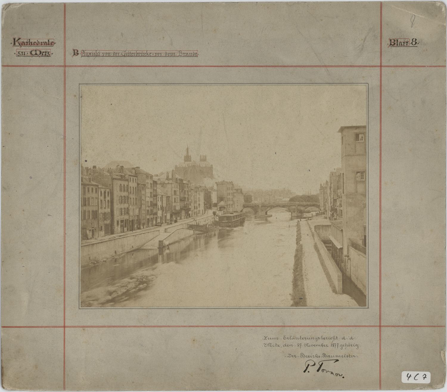 Vue du chevet de la cathédrale et du quai Félix Maréchal depuis le pont des Grilles avant l’incendie de 1877.