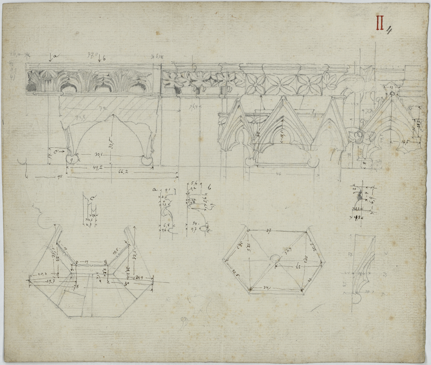 Portail de la Vierge, croquis de détails ornementaux et plans.