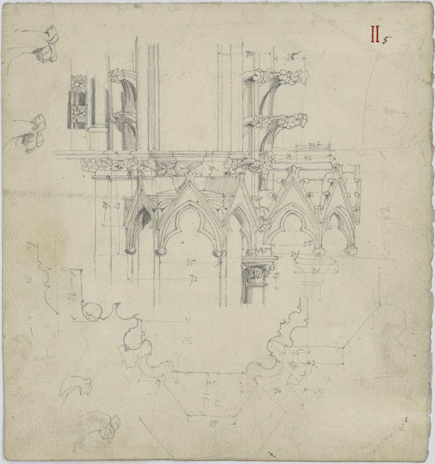 Portail de la Vierge, croquis et section d’un piédroit.