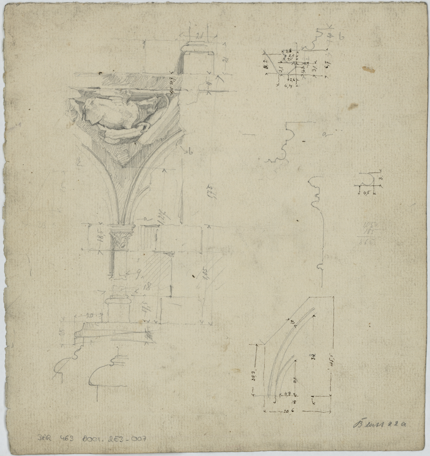 Portail de la Vierge, croquis d’un détail sculpté et profils de modénatures.