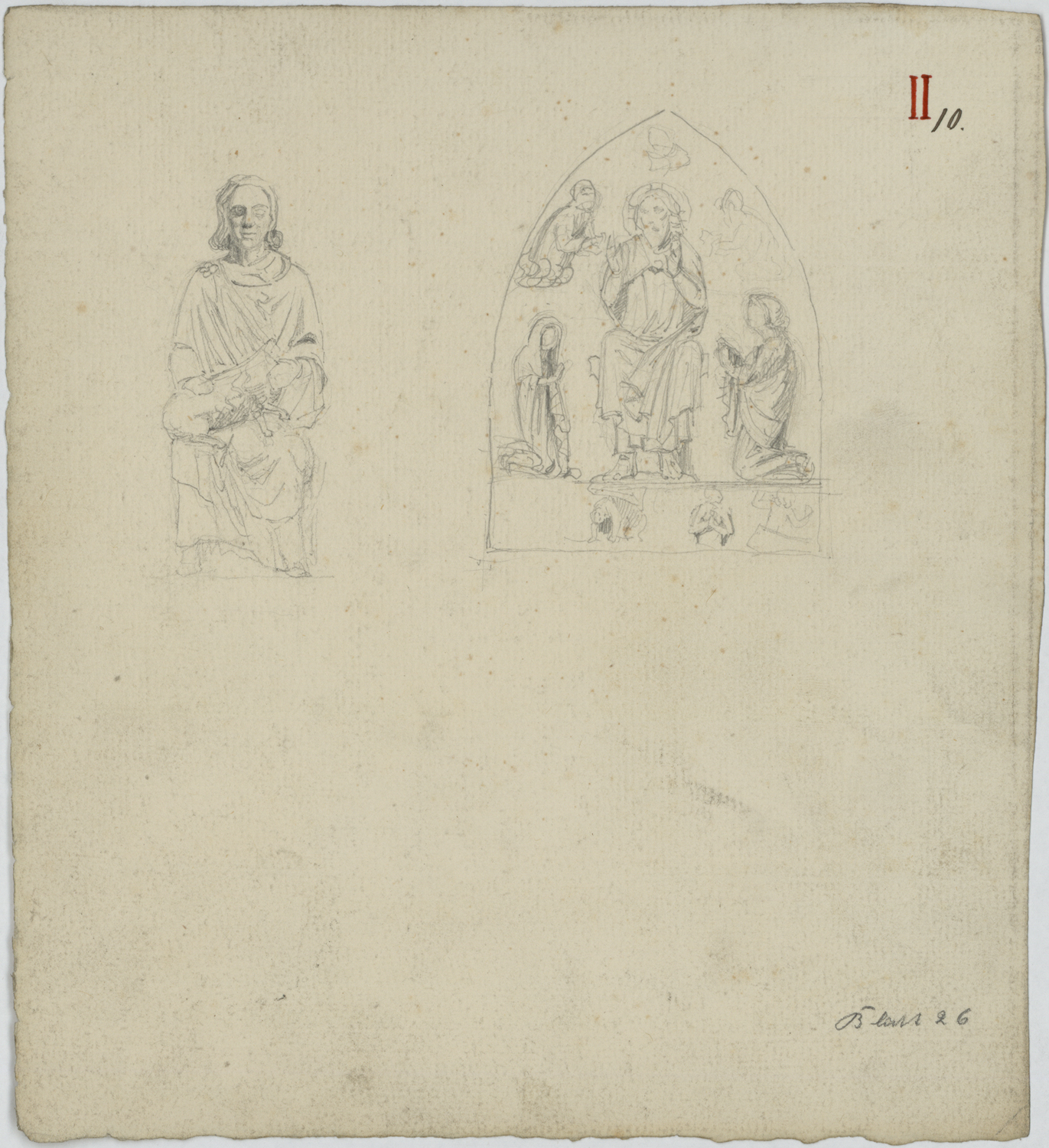 Portail de la Vierge, croquis d’une figure drapée assise tenant un agneau (saint Jean-Baptiste ?) et du Christ en majesté.