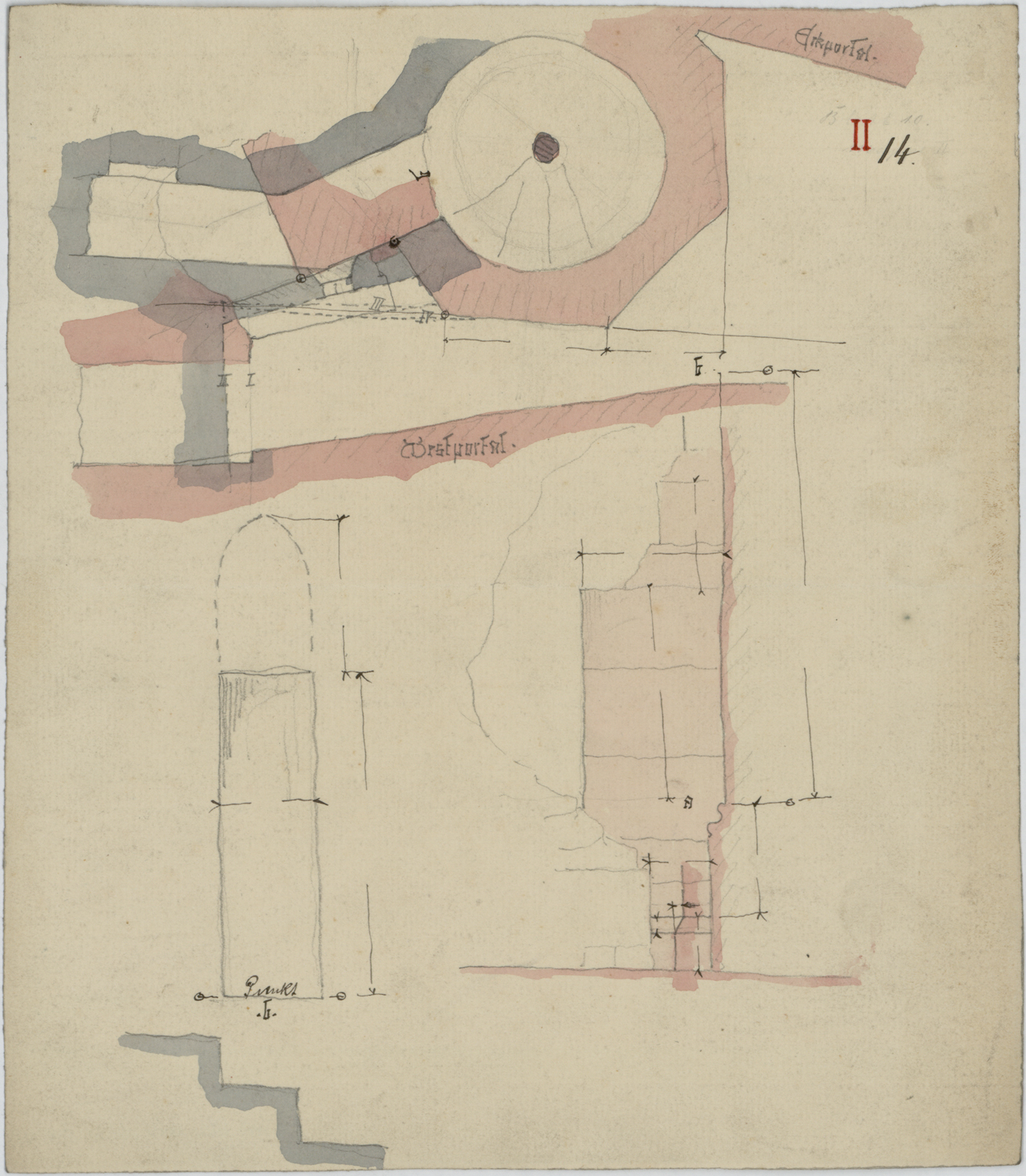 Portail de la Vierge, plan et croquis de maçonnerie.