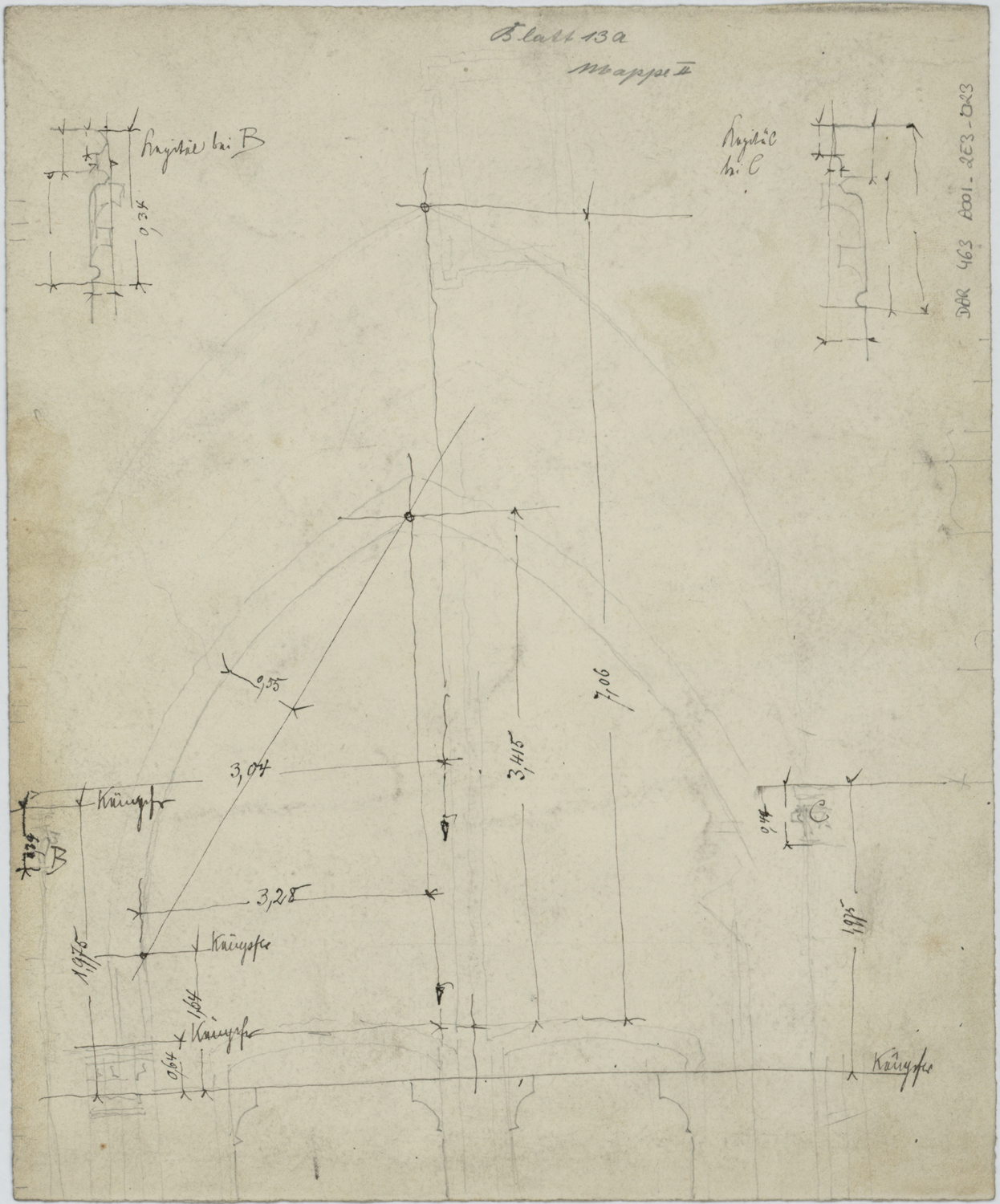 Portail de la Vierge, croquis d’un arc brisé et profils de modénatures.