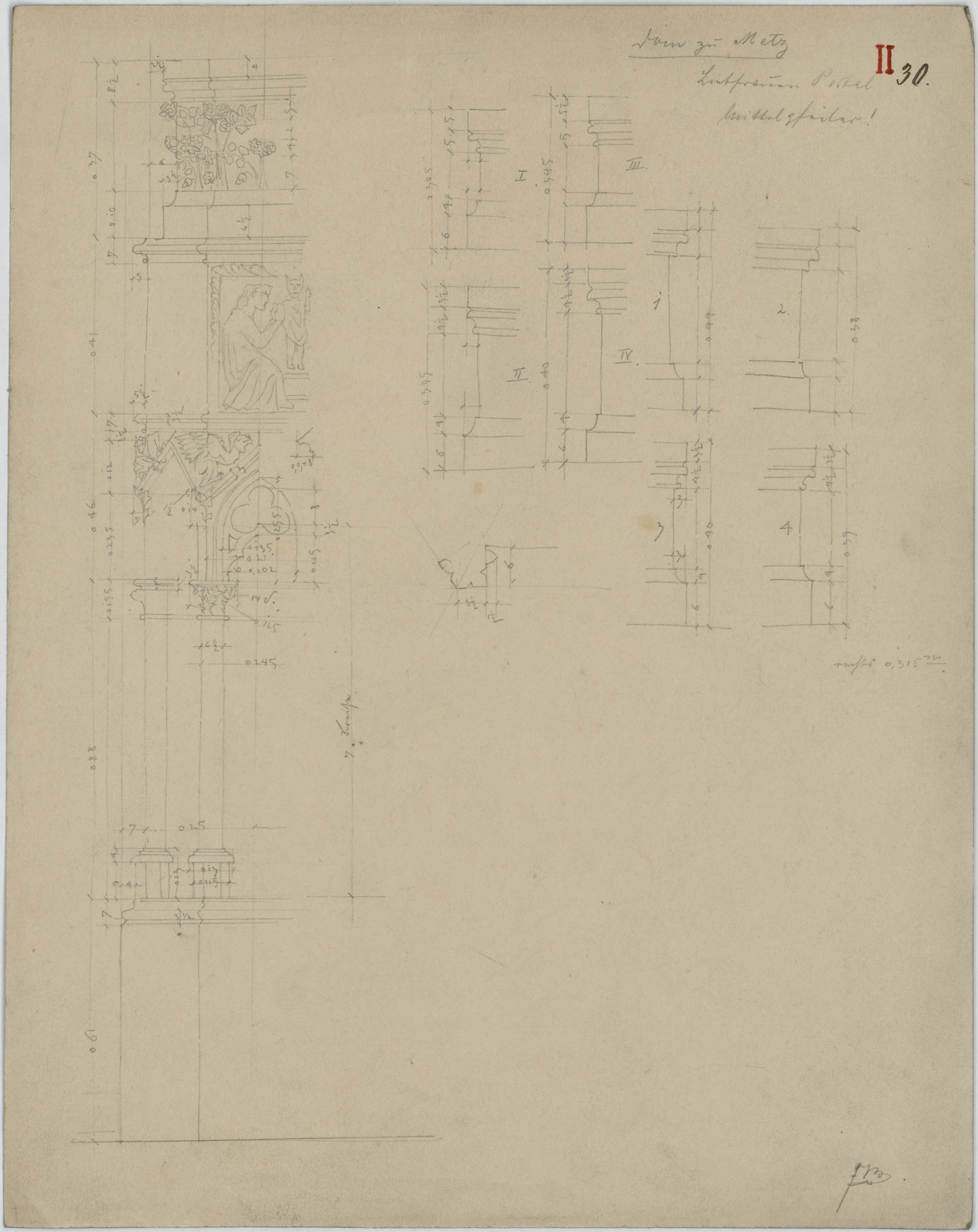 Portail de la Vierge, croquis de la partie basse du trumeau et de bases de colonne.