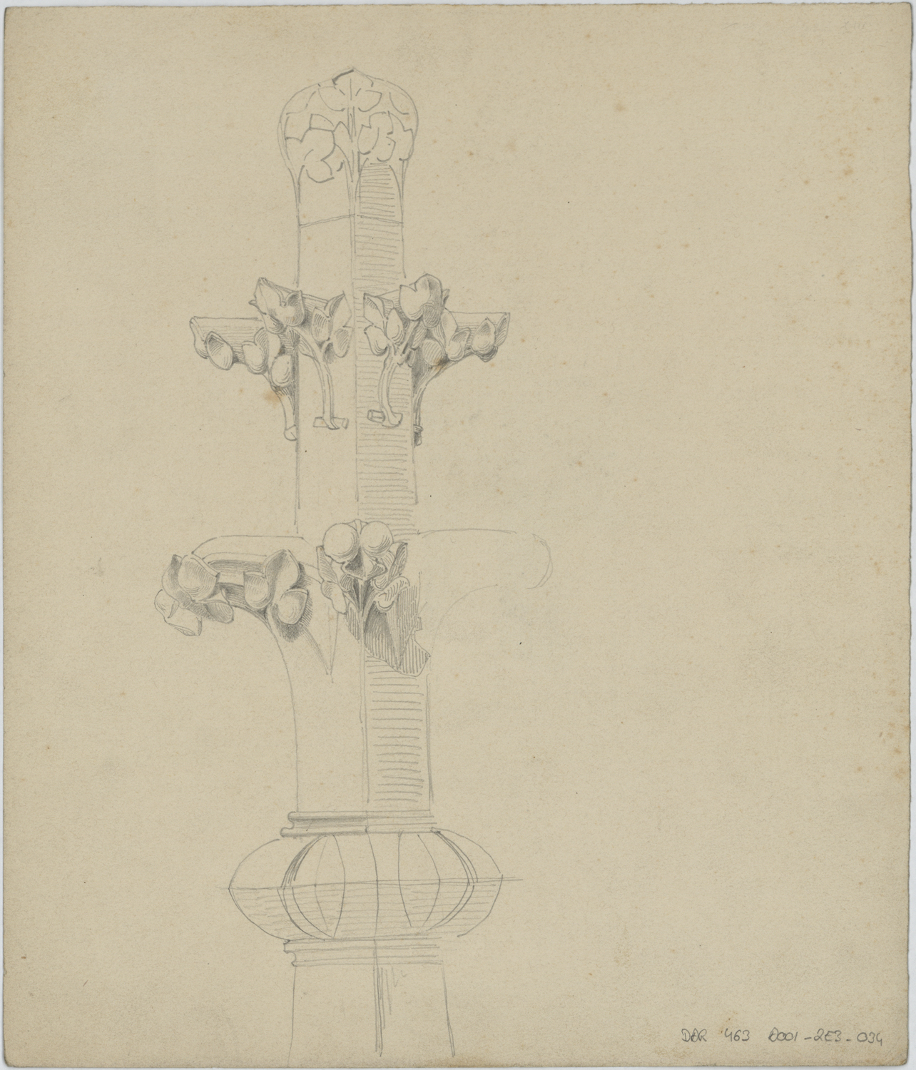 Portail de la Vierge, croquis d’éléments décoratifs saillants à motif feuillagé.