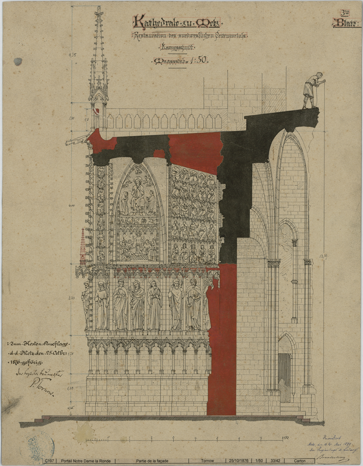 Portail de la Vierge, élévation de l’ébrasement ouest et coupe.