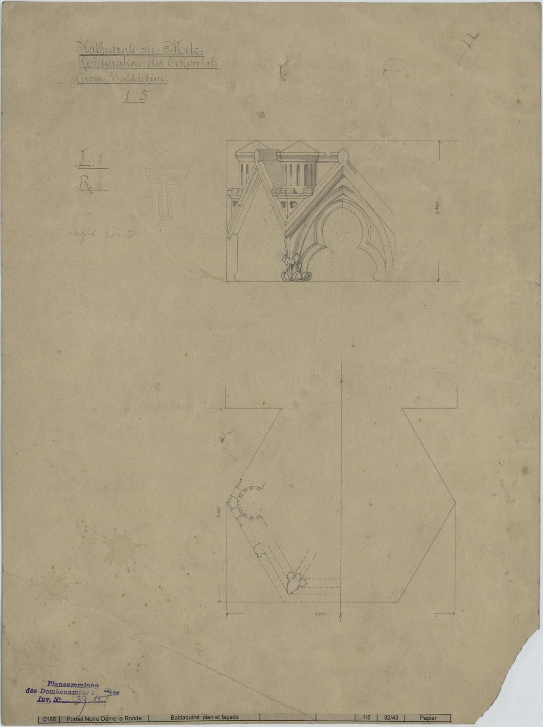 Portail de la Vierge, élévation et plan d’un dais architectural.