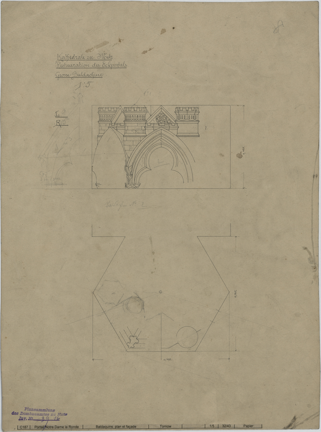 Portail de la Vierge, élévation et plan d’un dais architectural.