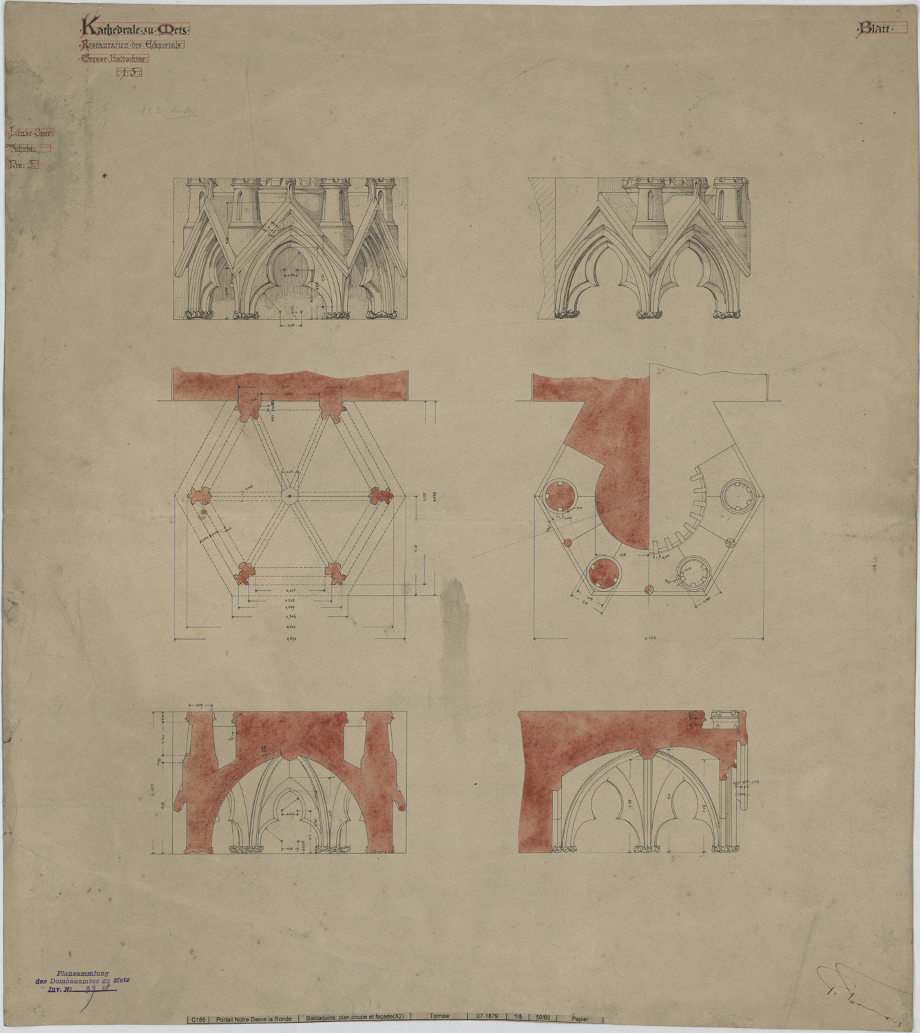 Portail de la Vierge, élévations, plan et coupe de deux dais architecturaux.