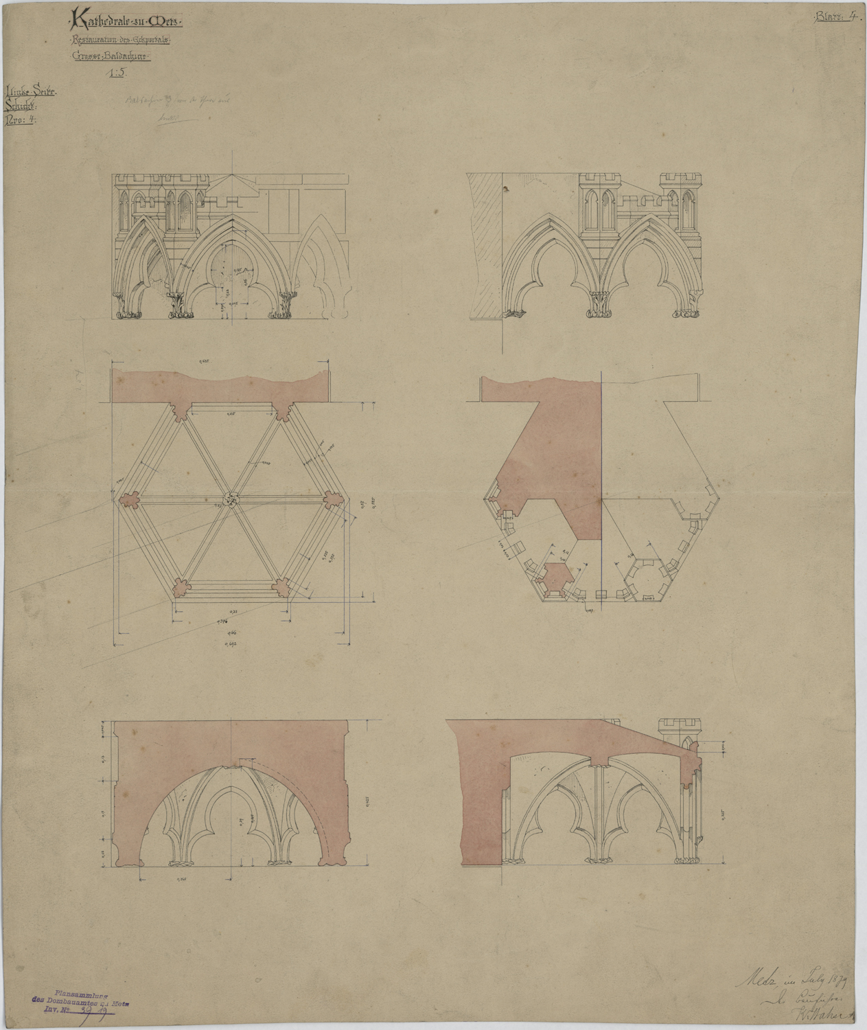 Portail de la Vierge, élévations, plan et coupe de deux dais architecturaux.