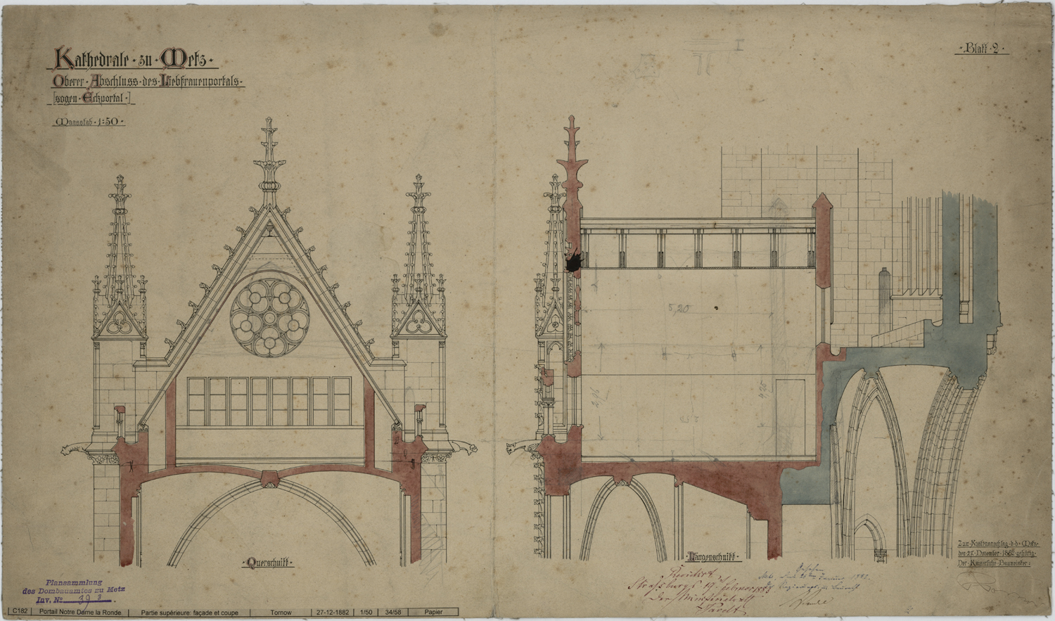 Portail de la Vierge, élévation du gable et coupe longitudinale.