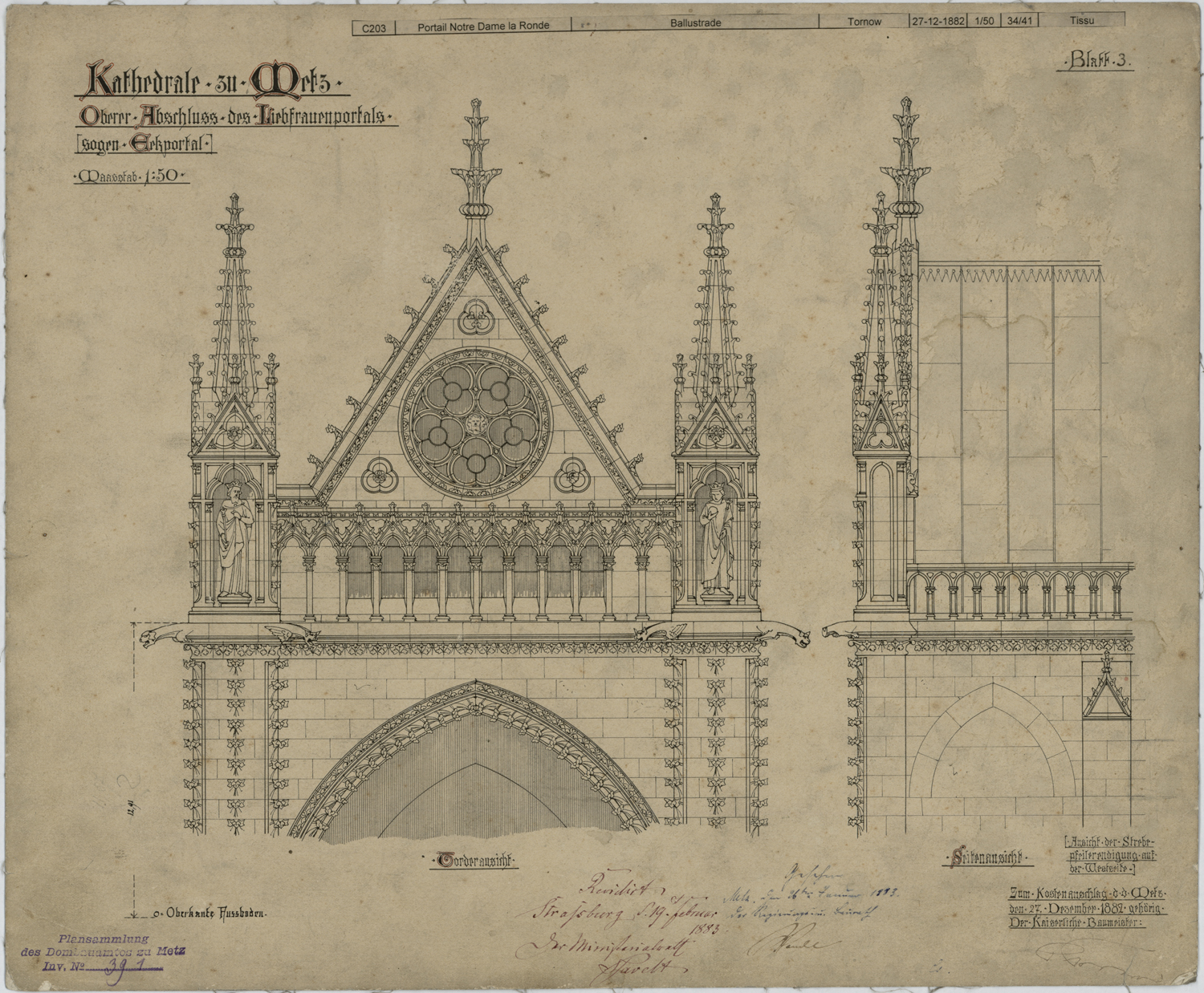 Portail de la Vierge, élévations principale et latérale du gable.