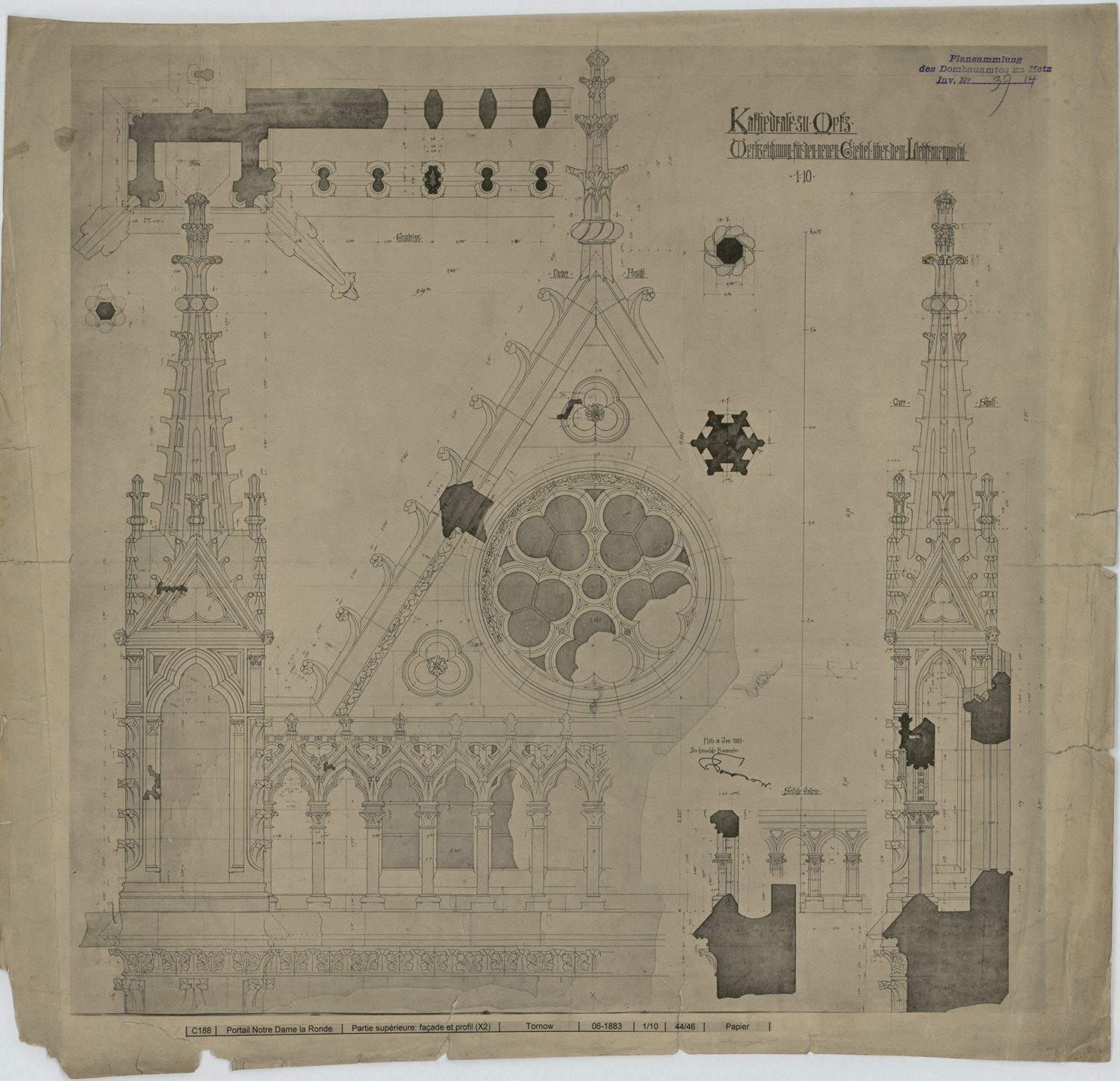 Portail de la Vierge, élévation et plan du gable, coupe sur un pinacle.