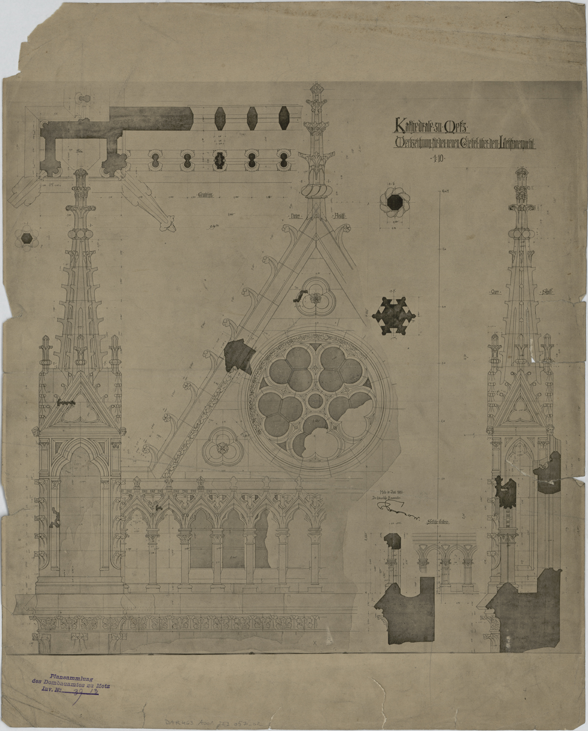 Portail de la Vierge, élévation et plan du gable, coupe sur un pinacle.