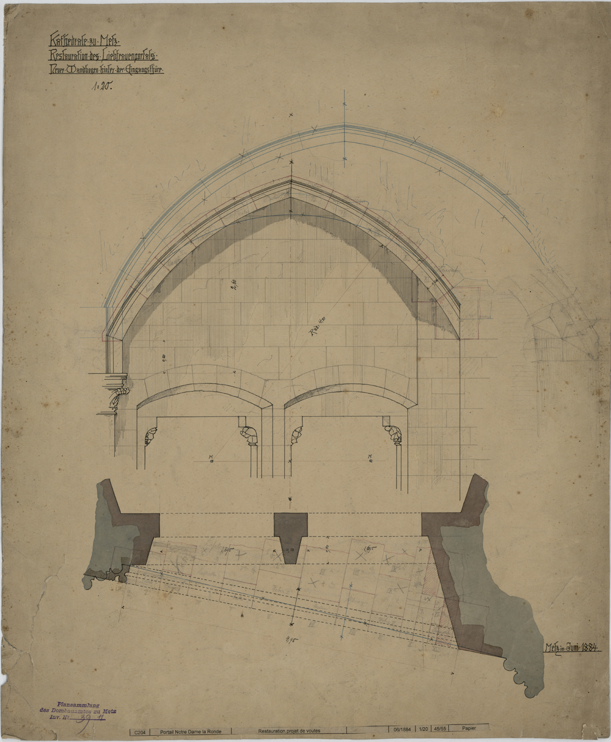 Restauration du portail de la Vierge, projet d’arc, élévation et plan.