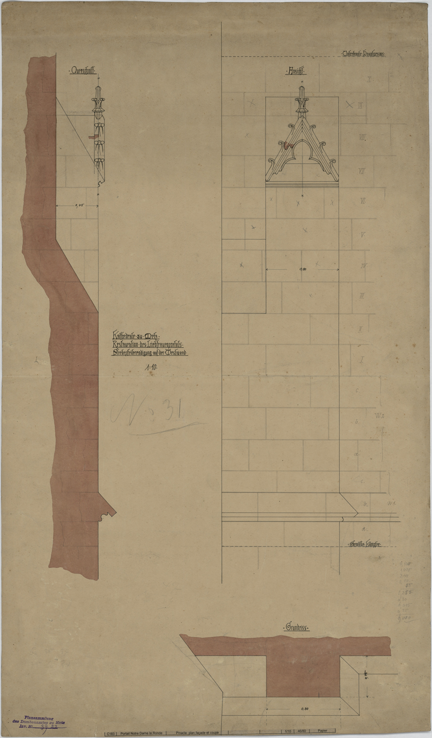 Restauration du portail de la Vierge, élévation, plan et coupe d’un couronnement de contrefort.