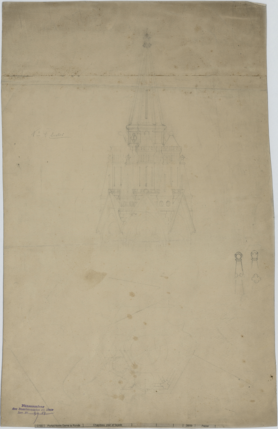 Portail de la Vierge, élévation et plan d’un couronnement de dais architectural.