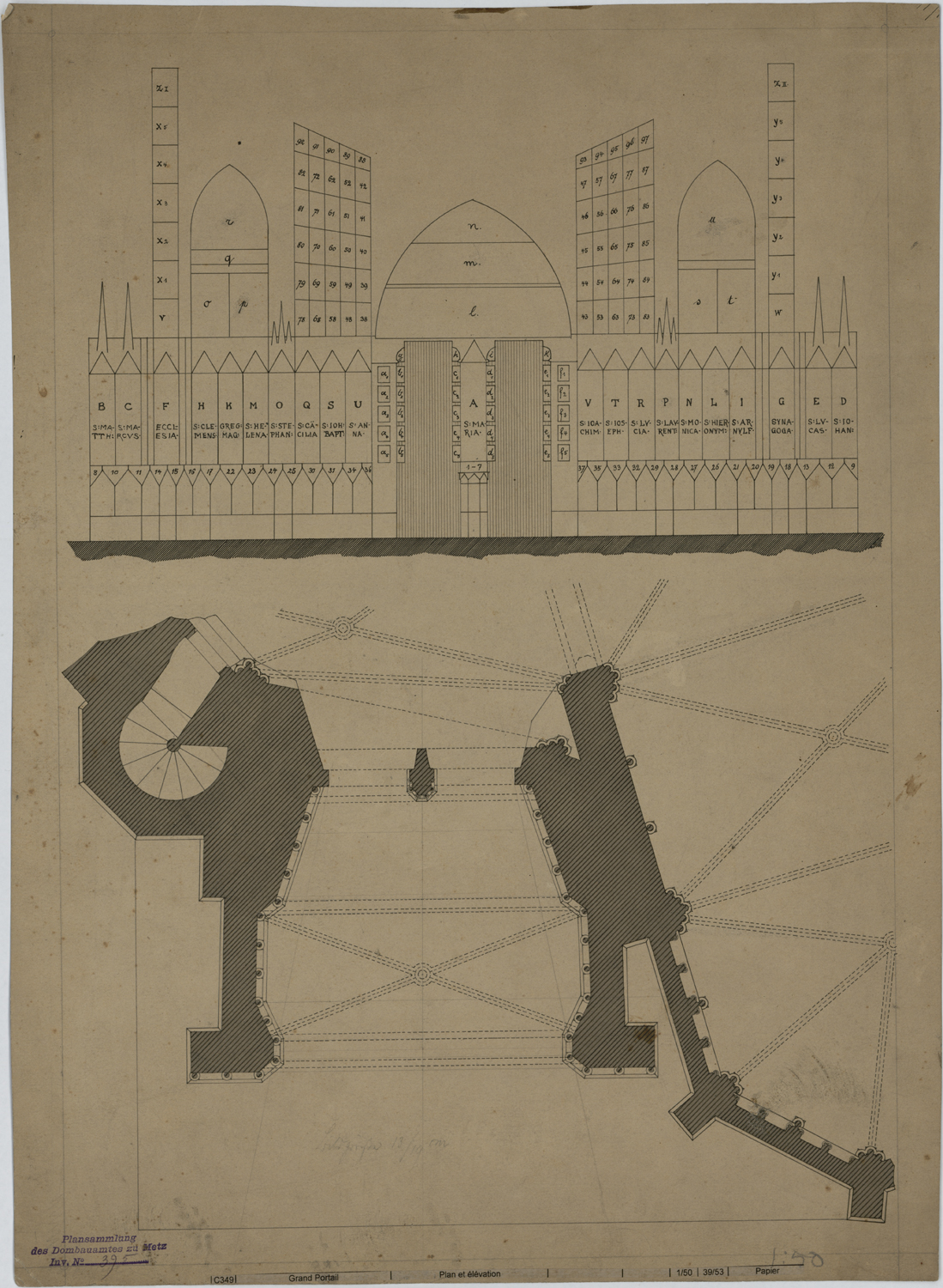 Portail de la Vierge, plan de masse et plan de situation des sculptures.