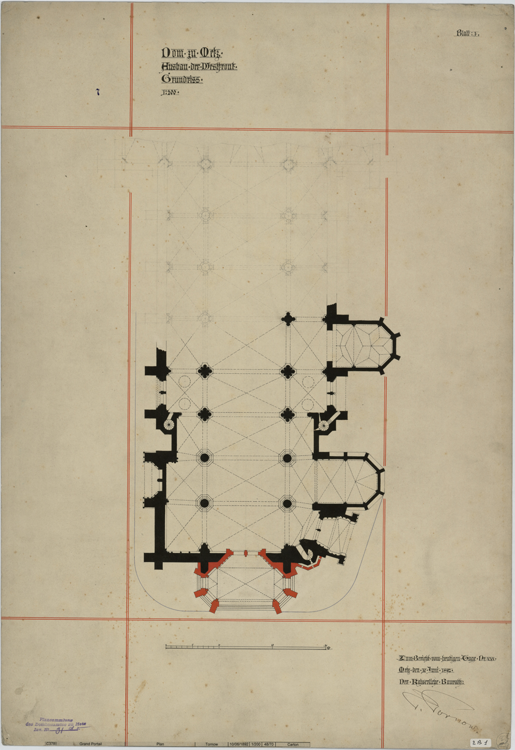 Grand portail, plan de masse et plan de masse partiel de la nef.