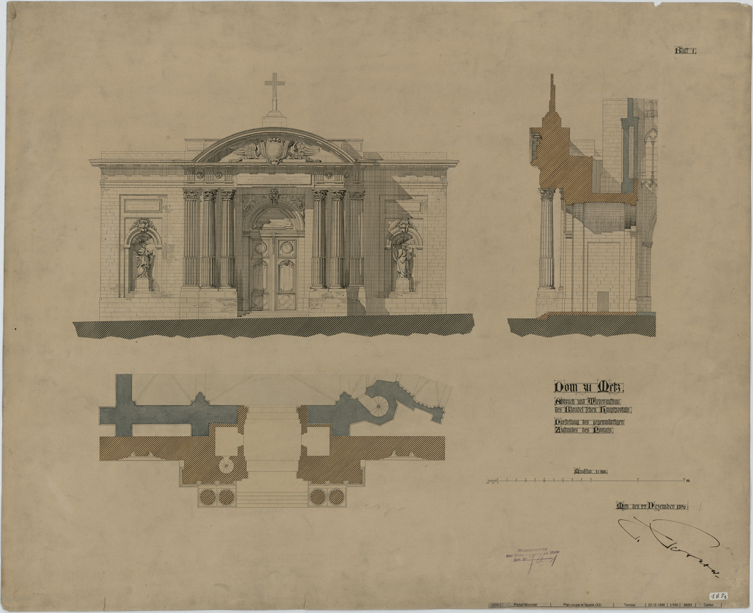 Portail occidental de Blondel, élévation, coupe et plan.