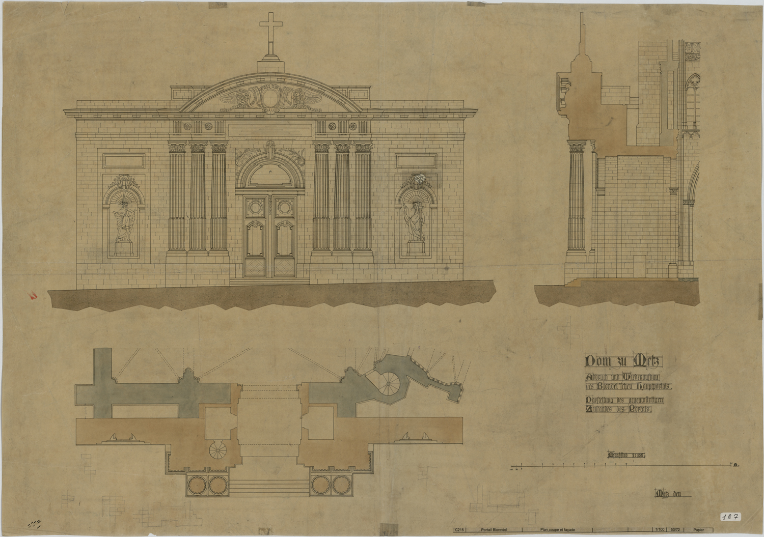 Portail occidental de Blondel, élévation, coupe et plan.