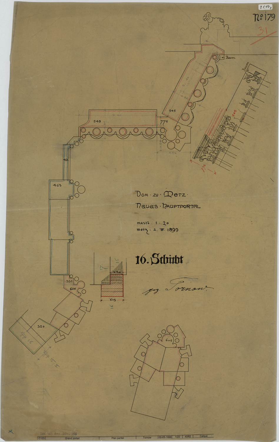 Grand Portail, plans des maçonneries, élévation de chapiteaux.