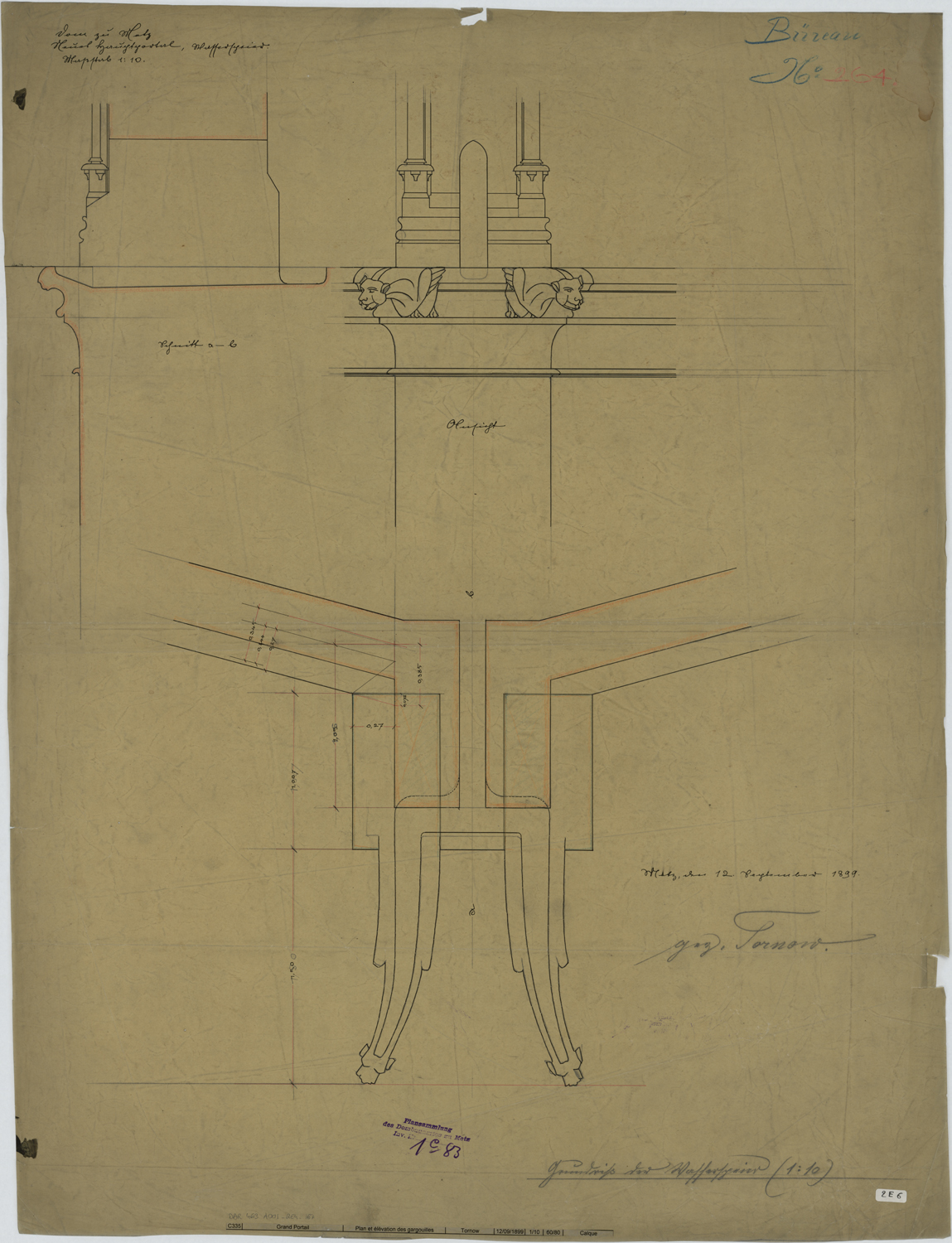 Grand Portail, plan et élévation des gargouilles.