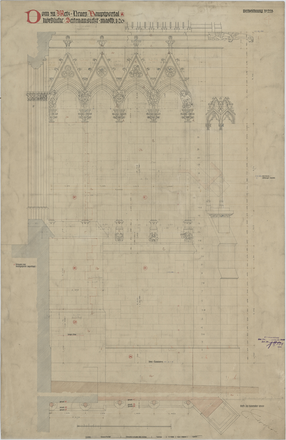 Grand Portail, plan et élévation latérale côté nord.