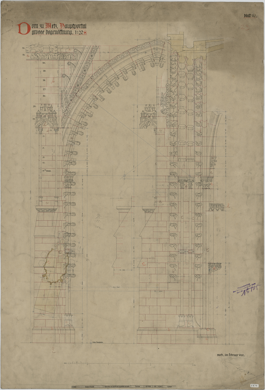 Grand Portail, élévation et vue de profil de la grande arcade.