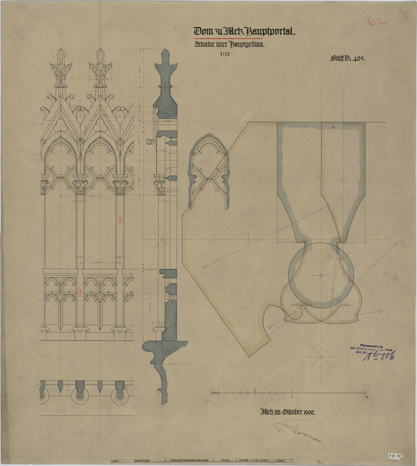 Grand Portail, plan, profil et élévations d’une arcature.