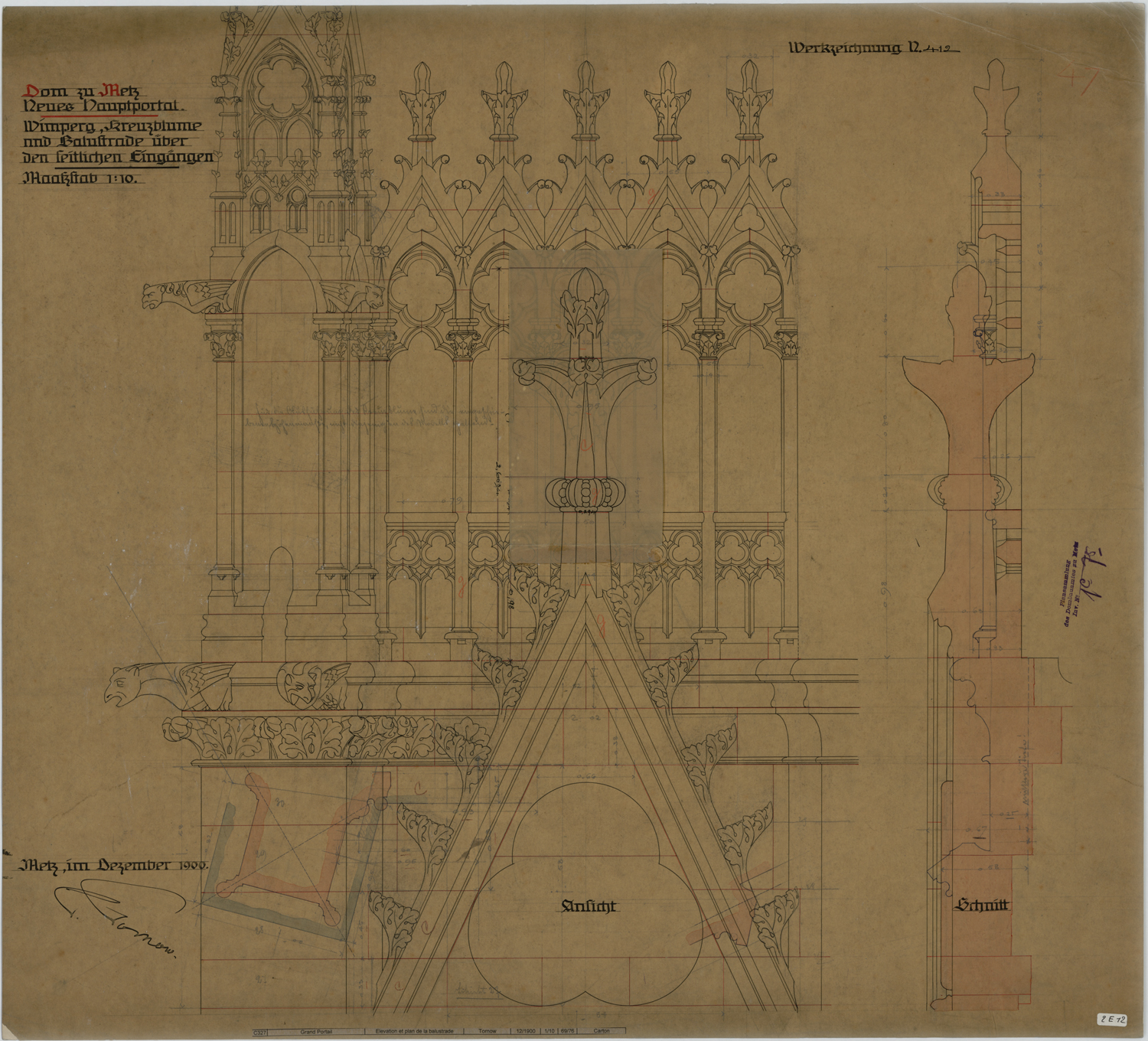 Grand Portail, élévation et plan de la balustrade.