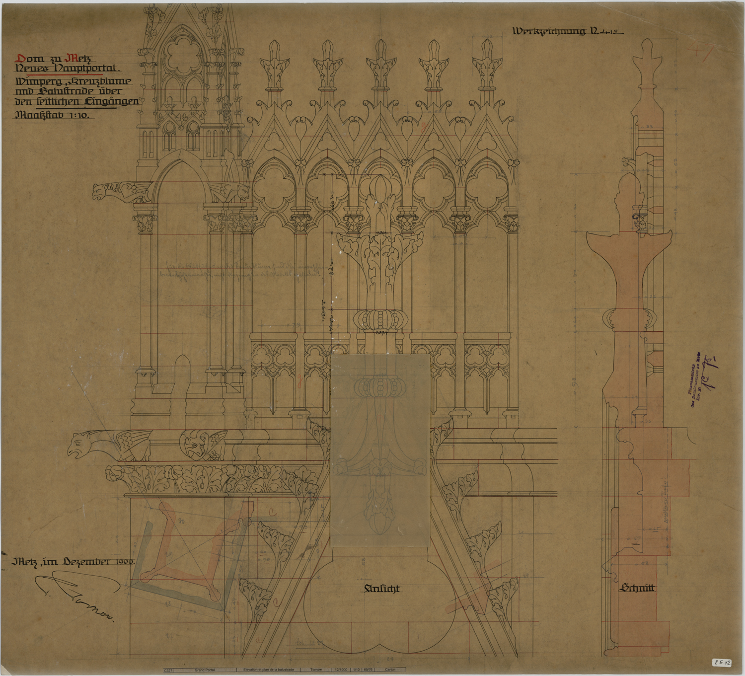 Grand Portail, élévation et plan de la balustrade.