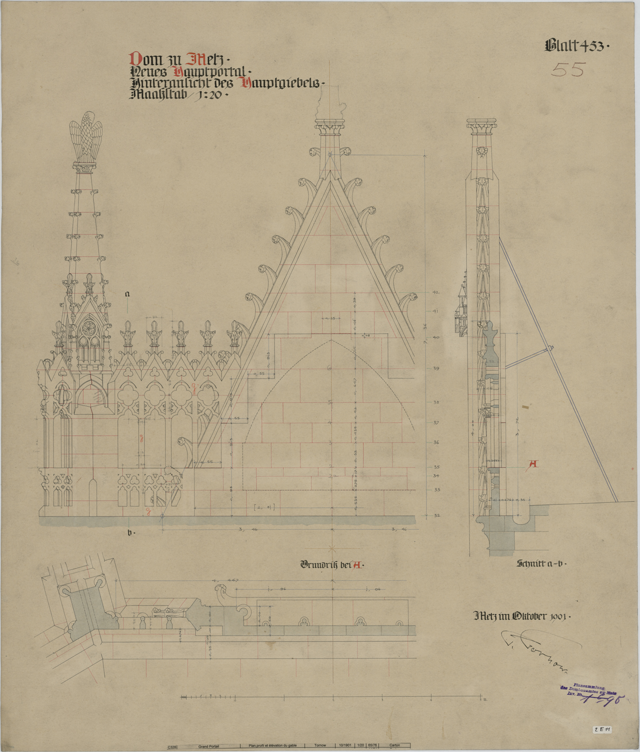 Grand Portail, élévation, profil et plan du grand gable.