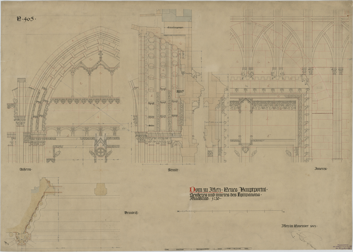 Grand Portail, plan, coupe et élévation du tympan, de l’intrados et du linteau de la porte principale.