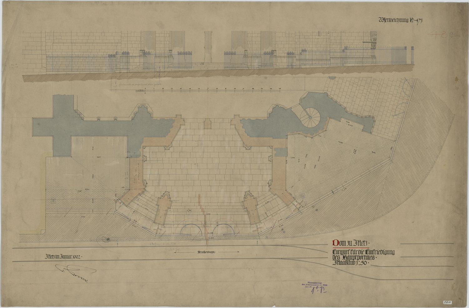 Grand Portail, plan et élévation de la clôture de la façade principale.