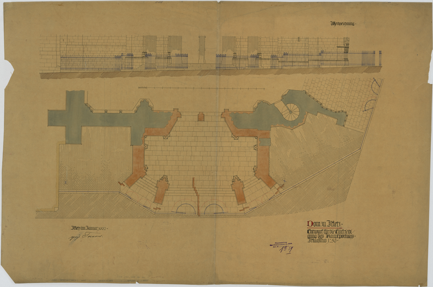 Grand Portail, plan et élévation de la clôture de la façade principale.